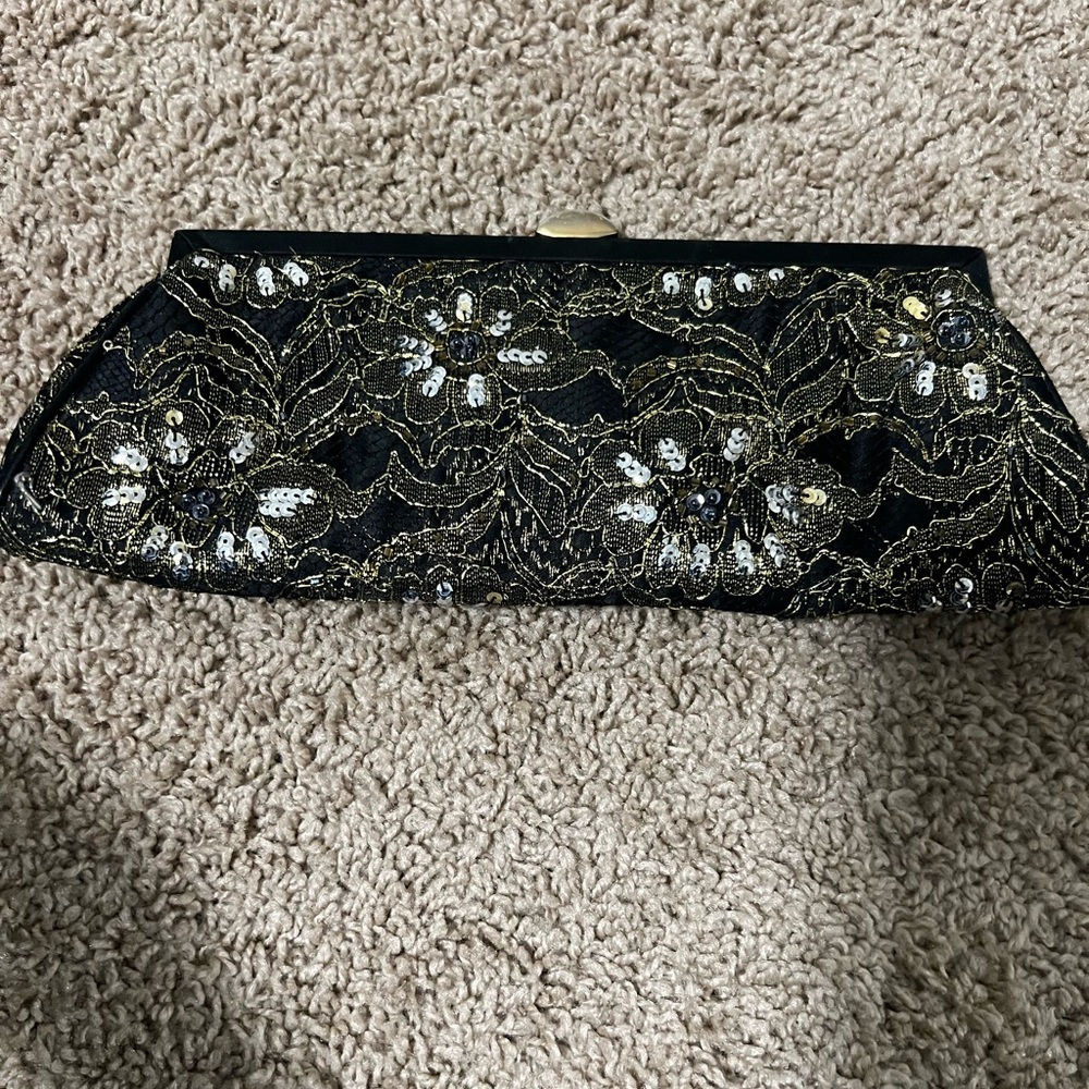 Valerie Stevens Black and Gold Floral Clutch